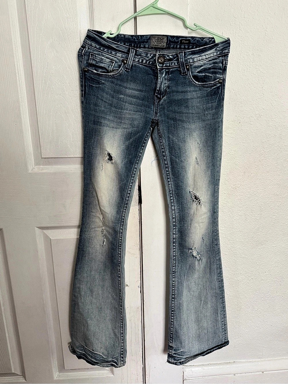 Berock for Express Flare Denim Jeans Distressed Blue US 2
